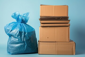Banner with a stack of flattened cardboard boxes next to a blue plastic waste bag, set against a light blue background.