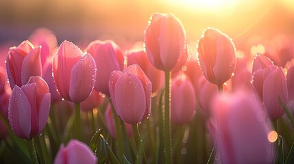 Rows of tulips bathed in the soft hues of dawn, with the morning sun 
