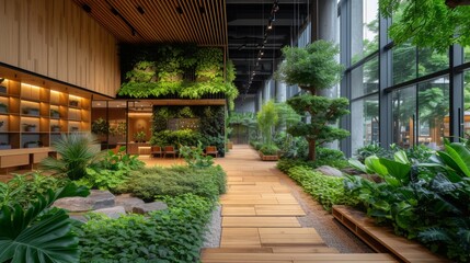 Salle de conférence moderne et lumineuse avec vue sur la nature. avec un mur végétal