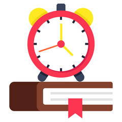 Book with alarm clock, icon of study time 