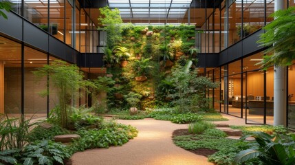 Salle de conférence moderne et lumineuse avec vue sur la nature. avec un mur végétal - obrazy, fototapety, plakaty