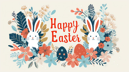 Happy Easter banner, poster, greeting card "Happy Easter" . Trendy Easter design with typography, bunnies, flowers, eggs, bunny ears, in pastel colors. Modern minimal style