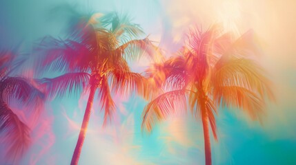 Colorful Illustration of Palm Tree in the Style of Light Leaks - Effervescent Summer Tree Holographic Composition - Nostalgia Summer Minimalism Background created with Generative AI Technology - obrazy, fototapety, plakaty