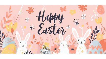 Happy Easter banner, poster, greeting card "Happy Easter" . Trendy Easter design with typography, bunnies, flowers, eggs, bunny ears, in pastel colors. Modern minimal style