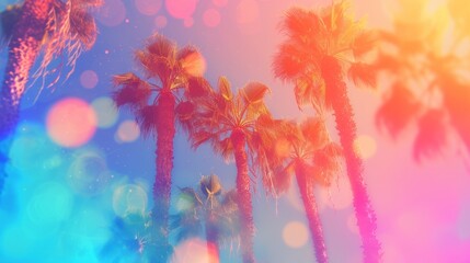 Obraz na płótnie Canvas Colorful Illustration of Palm Tree in the Style of Light Leaks - Effervescent Summer Tree Holographic Composition - Nostalgia Summer Minimalism Background created with Generative AI Technology