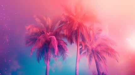 Fototapeta na wymiar Colorful Illustration of Palm Tree in the Style of Light Leaks - Effervescent Summer Tree Holographic Composition - Nostalgia Summer Minimalism Background created with Generative AI Technology