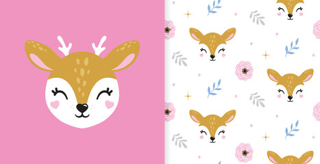 Obraz premium Illustration of cute deer, fawn. Baby, child, cute portrait. Little face, little animal, pet. Brown character. Sticker, wall art, kids room decoration, cutie full face, pattern seamless