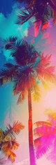 Fototapeta na wymiar Colorful Illustration of Palm Tree in the Style of Light Leaks - Effervescent Summer Tree Holographic Composition - Nostalgia Summer Minimalism Background created with Generative AI Technology