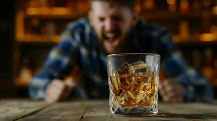 The problem of alcohol addiction destroys life. A disheveled, unshaven, exhausted man in a plaid shirt shouts at a glass of whiskey on the table, the desire and inability to give up alcohol