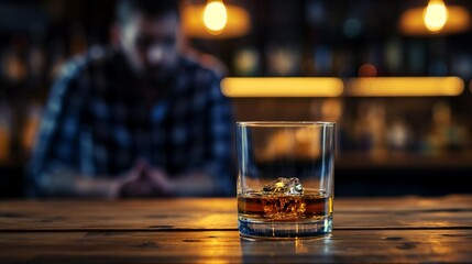 The problem of alcohol addiction destroys life. A disheveled, unshaven, exhausted man in a plaid shirt looks at a glass of whiskey on the table, the desire and inability to give up alcohol - obrazy, fototapety, plakaty