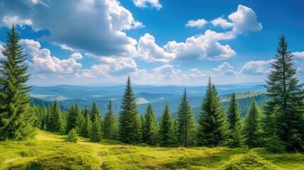Magnificent panoramic view the coniferous forest on the mighty Carpathians Mountains and beautiful blue sky background. Beauty of wild virgin Ukrainian nature.  - Powered by Adobe