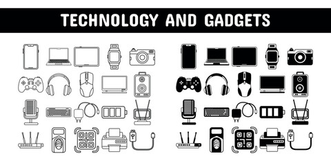 Technology and Gadget Line Glyph Solid Icon Sticker Pack