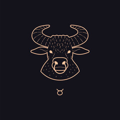Fototapeta premium Taurus zodiac sign and symbol golden contour on dark background, Horoscope Astrological zodiac vector icon, bull's head