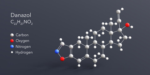 danazol molecule 3d rendering, flat molecular structure with chemical formula and atoms color coding