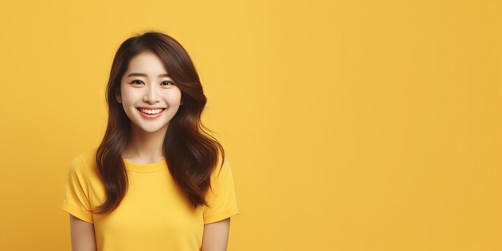 Studio portrait of young Asian girl smiles yellow clothes on a yellow background Generative AI