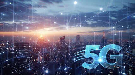 Future technology 5G network. Telecommunication network above city, wireless mobile internet technology for LTE data connection. Internet of Things, global business, fintech, blockchain - obrazy, fototapety, plakaty