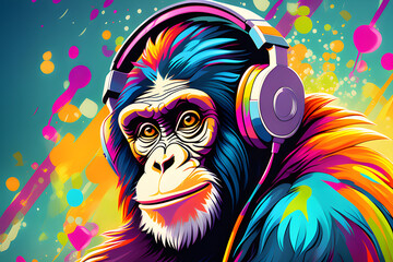 portrait of a party monkey ape with headphones on a colorful abstract background, generative ai