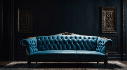 Vintage classic blue sofa chair on plain black dark empty room background from Generative AI