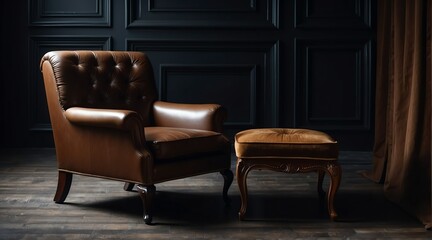 Vintage classic brown sofa chair on plain black dark empty room background from Generative AI