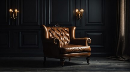 Vintage classic brown sofa chair on plain black dark empty room background from Generative AI
