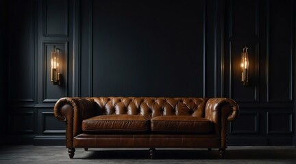 Vintage classic leather sofa chair on plain black dark empty room background from Generative AI