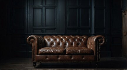 Vintage classic leather sofa chair on plain black dark empty room background from Generative AI