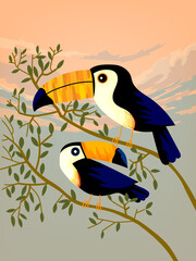 Beautiful cockatoo, toucan birds on tress in forest vector illustration background.
