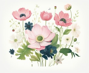 Floral wedding invitation. Wedding invitation greeting cards elegant vintage style. Wedding invitation card features pink flowers and green leaves.