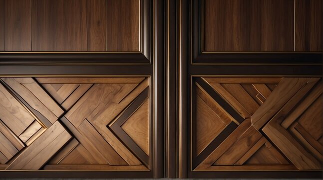 Close up of modern symmetrical classic brown wall panel molding and shiny wooden floor from Generative AI