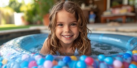 Adorable girl in a swimsuit playing in the splashes of a swimming pool in a joyful summer time.