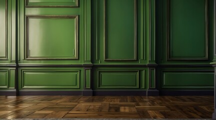 Close up of vintage classic lime green wall panel molding and shiny wooden floor from Generative AI