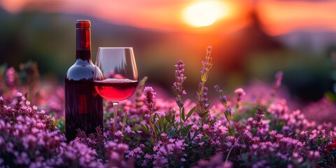 Picturesque summer sunset with wine and glass over a lavender field in Provence, the beauty of...