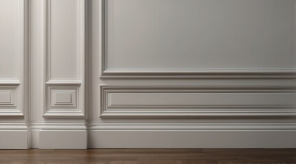 Close up of vintage classic white wall panel molding and shiny wooden floor from Generative AI