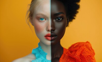 2 models symmetrically, one half with white face, the other half with black face