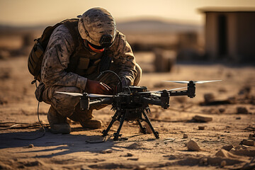 Soldier Preparing Drone for Reconnaissance Mission. - obrazy, fototapety, plakaty