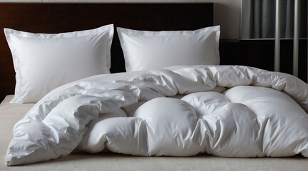 Fototapeta na wymiar Folded white duvet comforter on a bed with pillows from Generative AI
