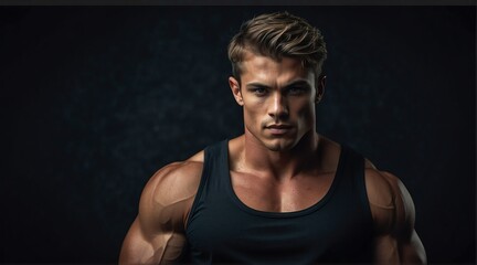 Fototapeta na wymiar Muscled toned handsome young male model on plain black background from Generative AI