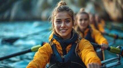 Beautiful women's rowing team on blue water. Teamwork concept