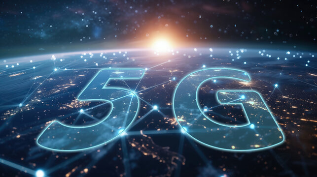 Future technology 5G network. Telecommunication network above city, wireless mobile internet technology for LTE data connection. Internet of Things, global business, fintech, blockchain