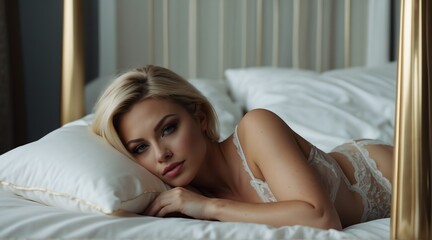 Sexy beautiful blonde intimate woman in lingerie lying on a white bed looking on camera from Generative AI