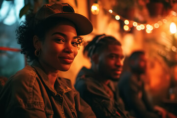 Fototapeta premium African American friends chilling in a bar, friendly lifestyle festival. Portrait of a smiling beautiful young woman in a cap looking at camera