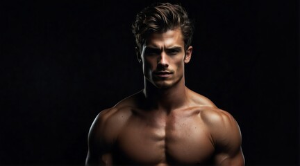Fototapeta na wymiar Upper body of a muscled toned handsome young male model on plain black background from Generative AI