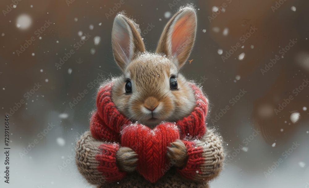 Sticker rabbit in a sweater holding heart, in the style of chic illustrations