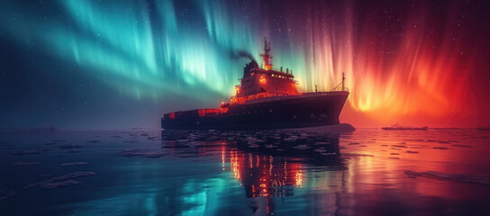 Fototapeta premium large cargo ship floating under the starry sky, bright northern lights, open sea.