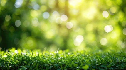 A fresh spring sunny garden background of green grass and blurred foliage bokeh.  
