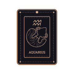 Horoscope vector black card line art style with astrological zodiac Aquarius symbol and sign, water pours from jug