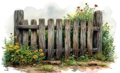 Obraz premium watercolor drawing of a wooden garden fence in a rustic style
