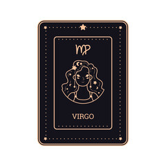 Horoscope black card line art with Virgo zodiac symbol and sign, astrological symbol as a beautiful girl vector design