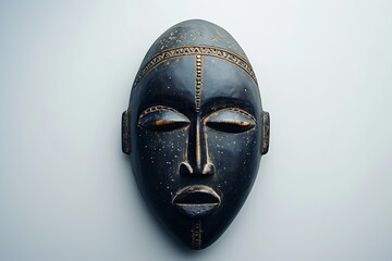 A polished black African mask with intricate golden patterns on a plain backdrop