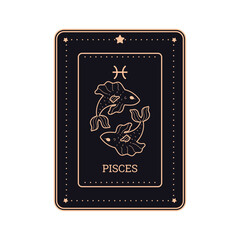 Card of Pisces or Fish horoscope zodiac sign, golden line vector illustration.